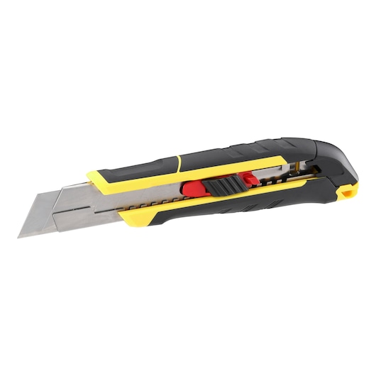 STANLEY FMHT10339-0 utility knife with black and yellow body, extended segmented blade, side angle photo.