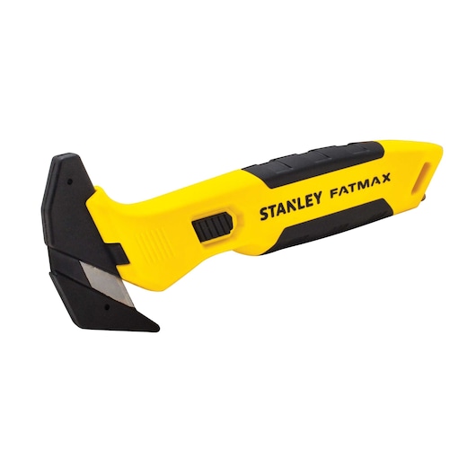 STANLEY FMHT10358-0 yellow and black utility knife, side angle, ergonomic handle, visible blade, photography.