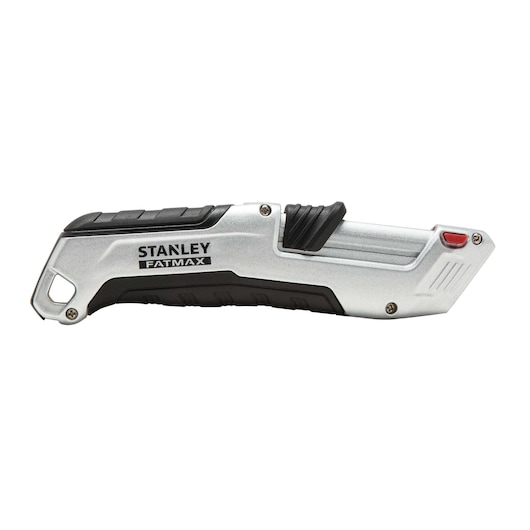 Stanley FMHT10367-0 utility knife, side view, silver and black handle, FATMAX branding.