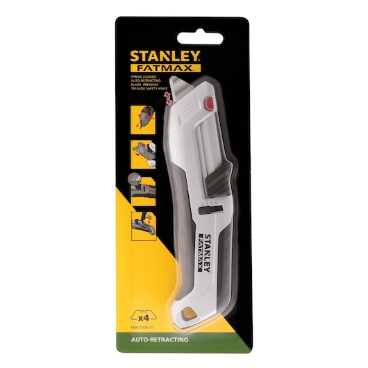 STANLEY FMHT10367-0 premium silver auto-retracting tri-slide safety knife, photography, front package view.