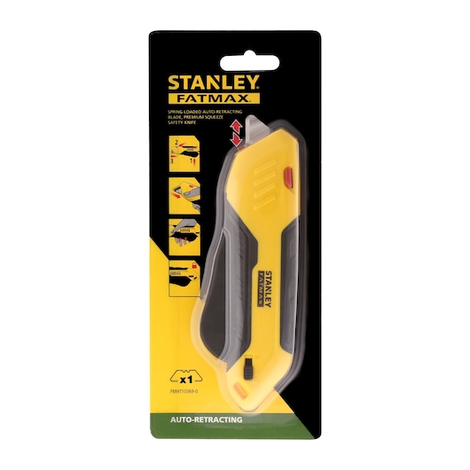 STANLEY FMHT10369-0 FatMax auto-retracting safety knife, yellow and black, front packaging photo.