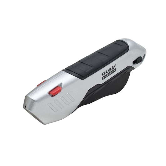 STANLEY FMHT10370-0 utility knife, silver and black, angled view, red buttons, FATMAX branding.