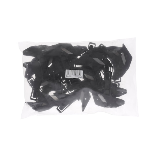 Stanley FMHT10375-1 bag of black plastic parts, product photography, front view on white background.