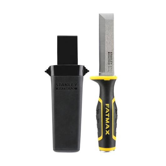 STANLEY FMHT16693-0 chisel with black and yellow handle and protective black sheath, front angle.