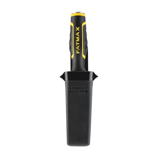 STANLEY FMHT16693-0 chisel with black and yellow handle, shown in black protective sheath, front view.