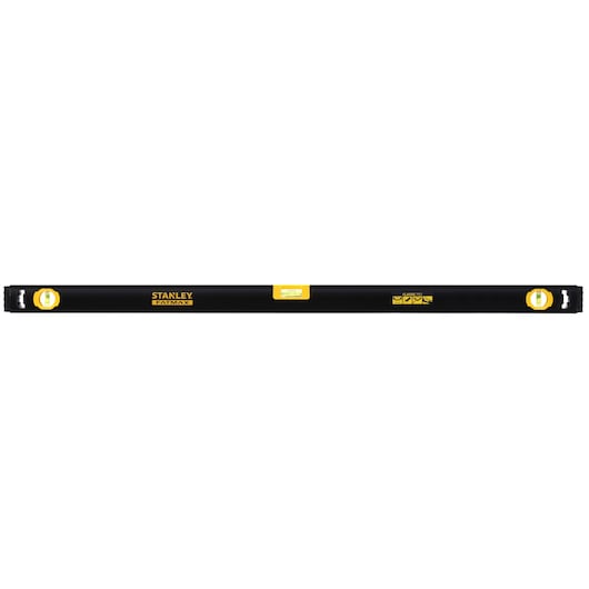STANLEY FMHT42447-1 black and yellow spirit level, top view, showing three vials for precise leveling.