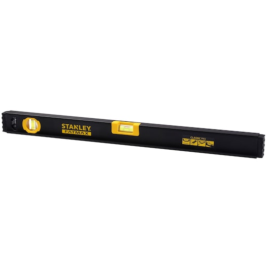 STANLEY FMHT42554-1 spirit level, black and yellow, side angle on white background.