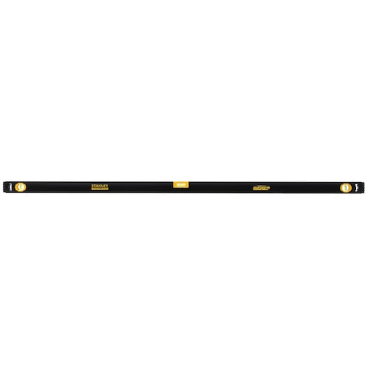 Photo of STANLEY FMHT42560-1 black spirit level with yellow vials, front angle on white background.