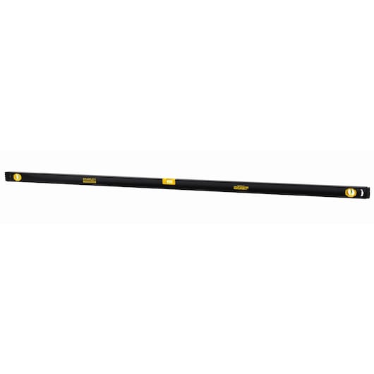 STANLEY FMHT42561-1 black spirit level with yellow vials, front angle on white background.