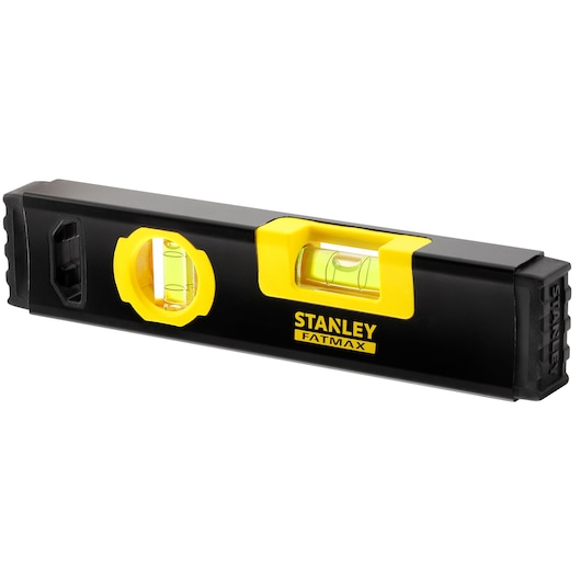STANLEY FMHT42884-1 spirit level with black and yellow body, side angle, two vials visible.
