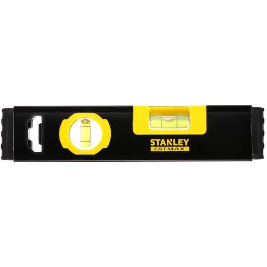 STANLEY FMHT42884-1 spirit level, black and yellow, FATMAX branding, front angle on white background.