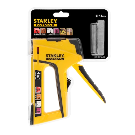 Photo of STANLEY FMHT6-70411 FatMax 4-in-1 staple and nail gun in yellow, front angle, in retail packaging.
