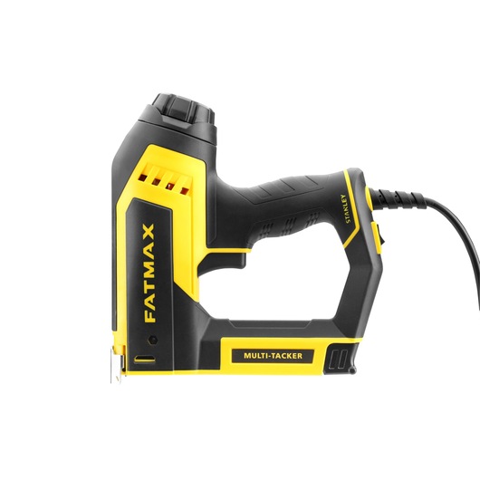 Stanley FatMax Multi-Tacker electric stapler in black and yellow with cord, shown from the side.