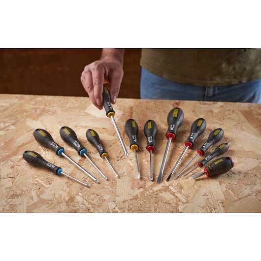 Photo of STANLEY FMHT65426-0 screwdriver set with black handles on wooden surface.