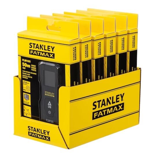 STANLEY FMHT77165-0 laser distance measurer boxes in yellow display packaging, angled front view.
