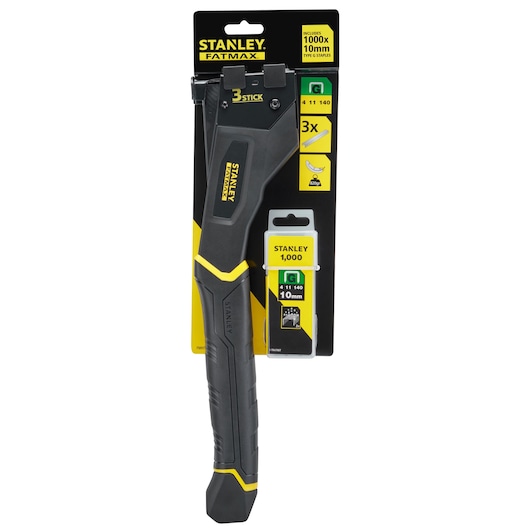 STANLEY FMHT81394-9 staple hammer front view, black and yellow handle, packaged with staples.
