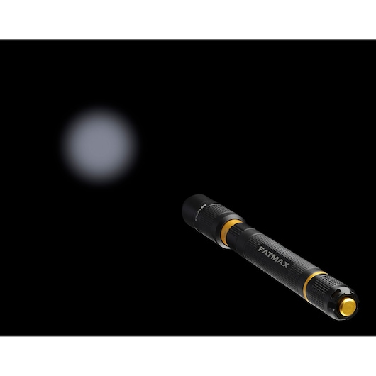 STANLEY FMHT81510-0 flashlight with yellow accents, side view, beam on, on black background.
