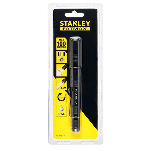 STANLEY FMHT81510-0 LED penlight flashlight in black, retail packaging, front angle.