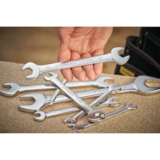STANLEY FMMT13068-0 photography of silver wrenches, one held in hand, on a work surface.