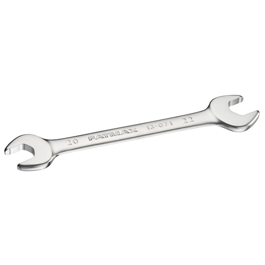STANLEY FMMT13071-0 open-end wrench, silver, dual head, angled side view, hand tool.
