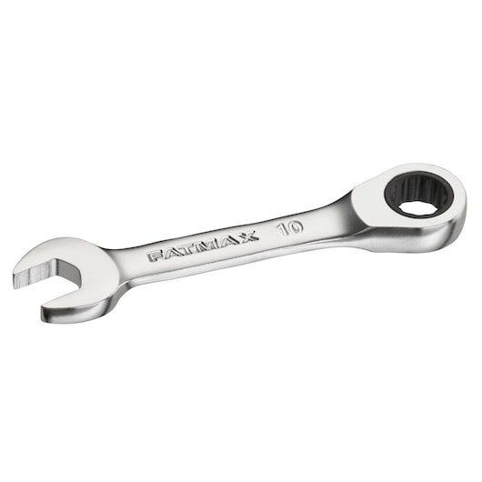 STANLEY FMMT13098-0 ratcheting combination wrench, silver finish, top angle, hand tool.