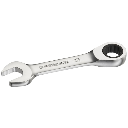 STANLEY FMMT13109-0 ratcheting combination wrench, silver, FATMAX branding, front angle on white background.