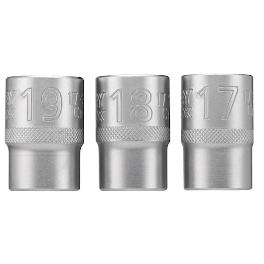Three silver STANLEY sockets with knurled grips, sizes 19, 18, and 17 mm displayed in a row.