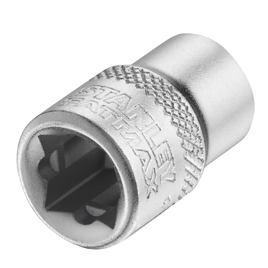 Photo of STANLEY FMMT17210-0 chrome socket bit with knurled grip, angled view, tool accessory category.
