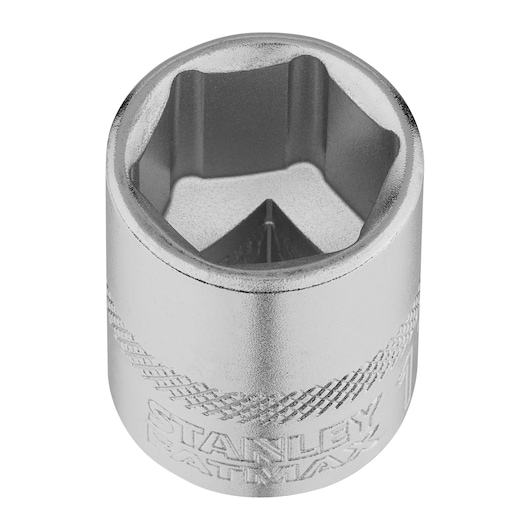 STANLEY FMMT17217-0 chrome socket, knurled grip, standard 6-point, product photo with angled top view.