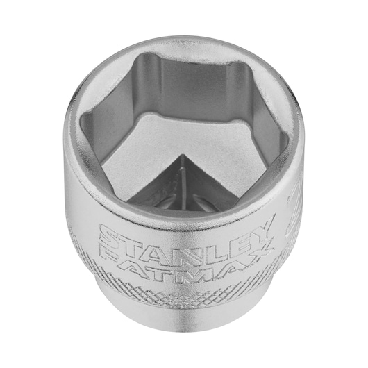 STANLEY FMMT17222-0 socket, chrome finish, top angle on white background, tool with knurled grip.