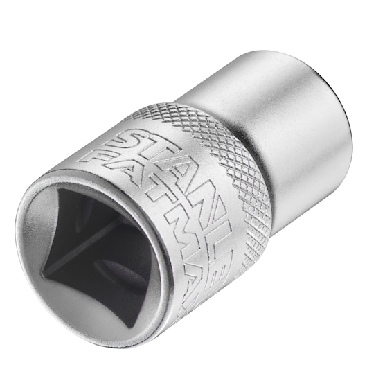 STANLEY FMMT17232-0 socket tool, silver, knurled grip, angled front, photography on white background.