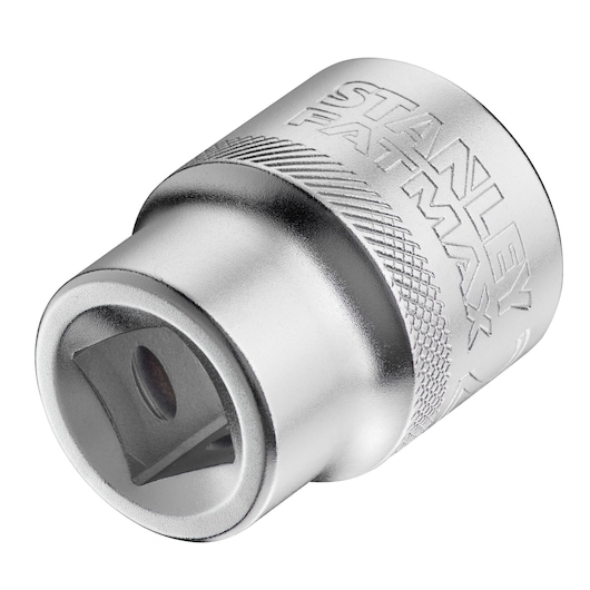 STANLEY FMMT17242-0 chrome socket adapter with knurled grip, close-up angled on white background.