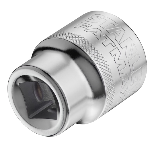 STANLEY FMMT17243-0 chrome socket adapter with knurled grip, close-up on white background, tool accessory.