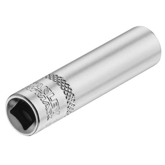STANLEY FMMT17338-0 chrome socket tool, cylindrical, knurled grip, angled side view, white background.