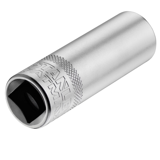 STANLEY FMMT17967-0 chrome deep socket, engraved logo, side angle on white background.