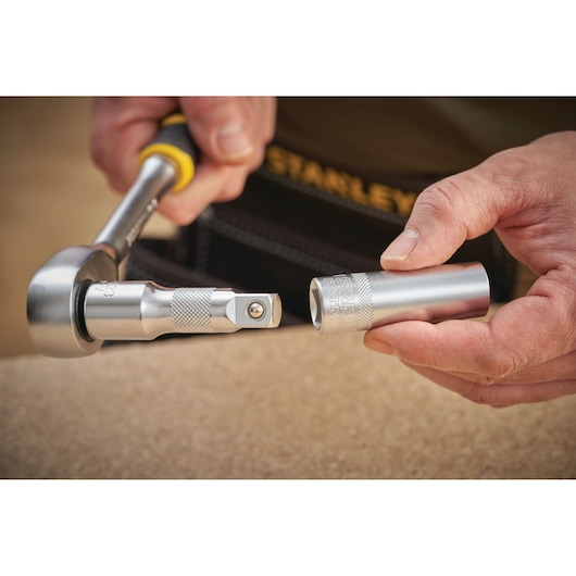 STANLEY FMMT17968-0 socket being attached to ratchet wrench in close-up photography.