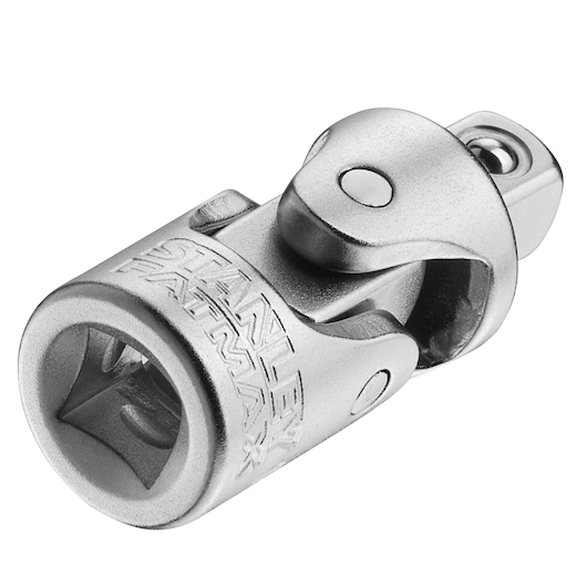 STANLEY FMMT18008-0 chrome universal joint socket accessory, close-up angle on white background.
