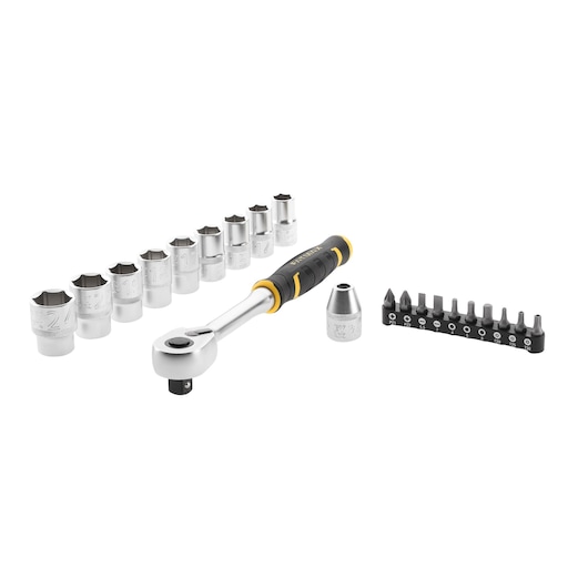 STANLEY FMMT82681-0 socket wrench set with ratchet, sockets, adapter, and screwdriver bits, front angle on white.