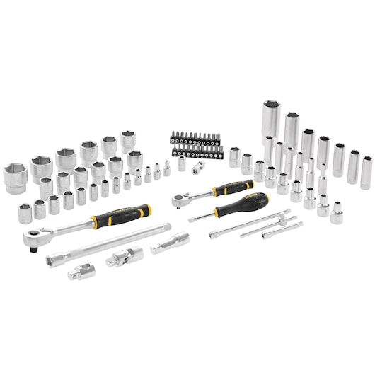 STANLEY FMMT82826-1 photography of socket and ratchet set with chrome sockets, bits, and black-yellow handles, front angle.