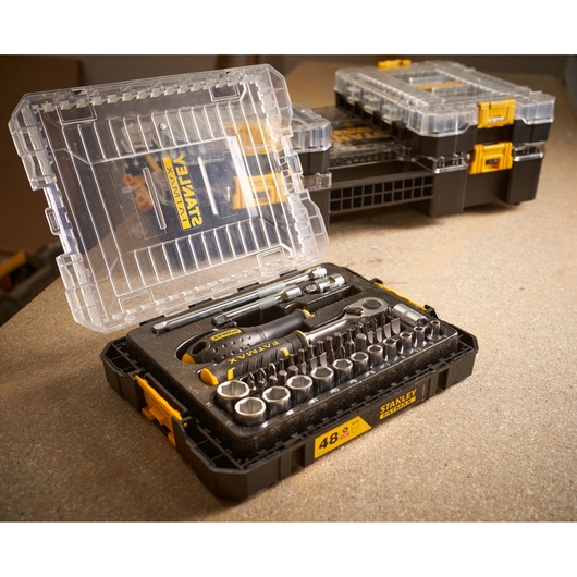 STANLEY FMMT98101-0 mechanics tool set with 48 pieces in black case, photo at angled view.