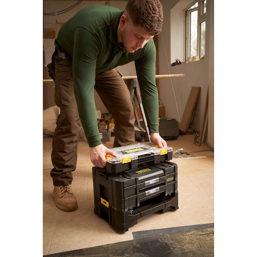 STANLEY FMMT98106-1 modular tool storage system in workshop, stacked with organizer box.