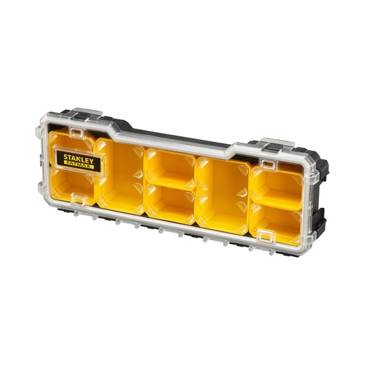 STANLEY FMST1-75781 yellow and black parts organizer with clear lid, angled front view.