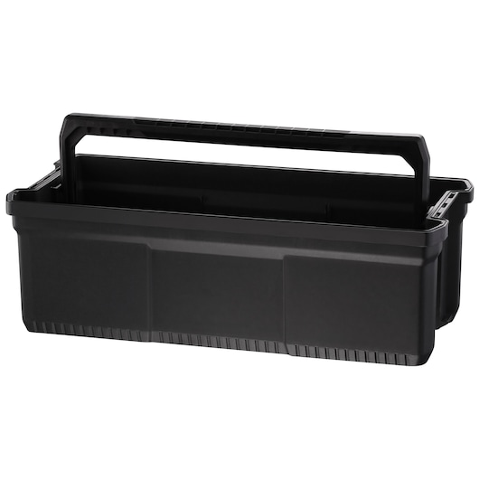 STANLEY FMST81083-1 black plastic tool tote with wide handle, front angle on white background.