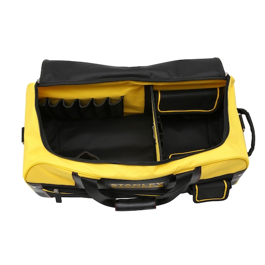 STANLEY FMST82706-1 yellow and black tool bag with open compartments, photographed from above.