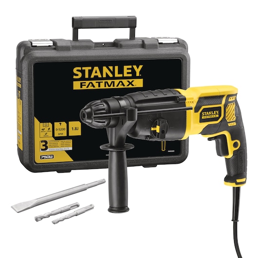 STANLEY KFFMED500K corded rotary hammer drill with side handle, carrying case, and three drill bits, front angle.