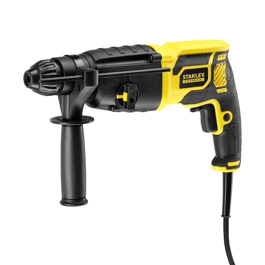 STANLEY KFFMED500K corded rotary hammer drill with side handle, black and yellow, side angle on white background.