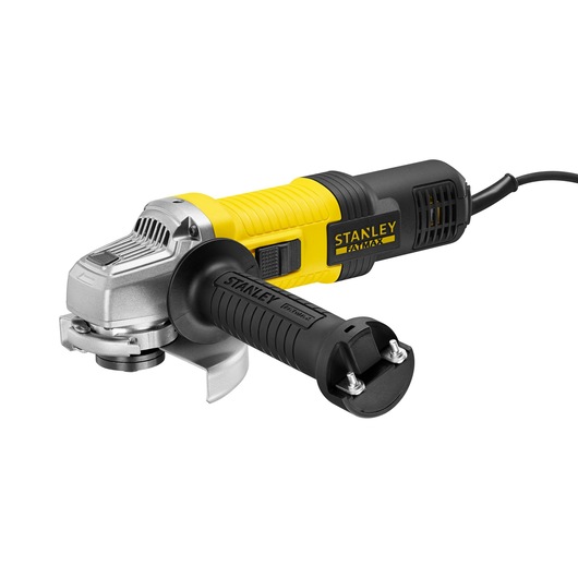 STANLEY KFFMEG220 angle grinder with yellow and black body, side handle, and visible power cord, front angle.
