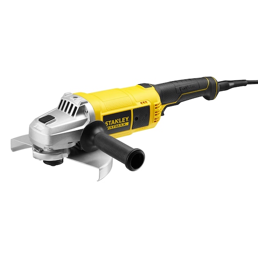 Photo of STANLEY KFFMEG841 angle grinder, yellow and black, side view on white background.