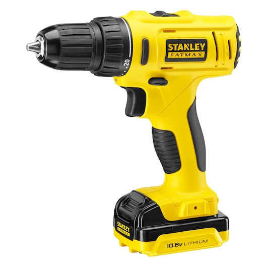 Photo of STANLEY KFMCD011S2K cordless yellow and black drill with 10.8V lithium battery, side angle, white background.