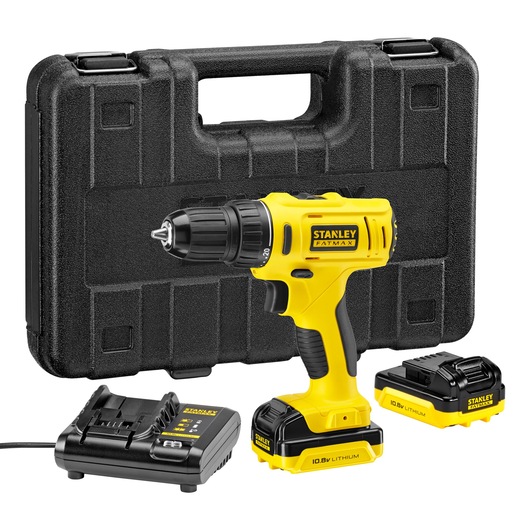 Stanley KFMCD011S2K cordless drill kit with two batteries, charger, and black carrying case, front angle.